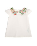 Cap-Sleeve Floral Jersey Tee, White, Size 4-10