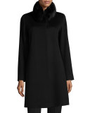 Fox-Trim Wool Button-Front Coat, Black