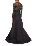 Embellished Long-Sleeve Gown, Black