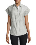 Ara Short-Sleeve Crinkle Tie-Back Blouse, Black/White