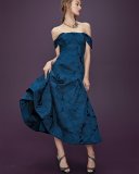 Off-the-Shoulder Leaf Jacquard Midi Dress, Blue Sapphire