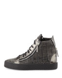 Men's Crocodile-Embossed Leather High-Top Sneaker, Pewter