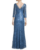 3/4-Sleeve Floral Paillette Lace Gown