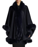 Fox-Fur-Trim Cashmere Cape, Navy