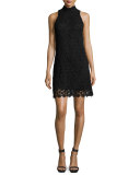 Sleeveless Mock-Neck Floral Lace Shift Dress, Black