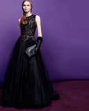 Beaded Contrast Tulle Gown, Black