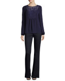 Franca Long-Sleeve Beaded Silk Blouse, Deep Amethyst