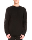 Leather-Patch Studded Crewneck Sweater, Black