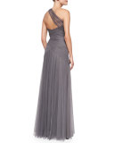 One-Shoulder Draped Tulle Gown, Slate