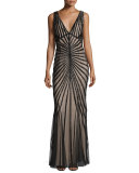 Linear-Beaded Sleeveless V-Neck Gown, Black