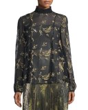 Long-Sleeve Sheer Floral Silk Chiffon Top, Black/Gold