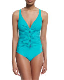Waterfall Ruched One-Piece Swimsuit, Jade