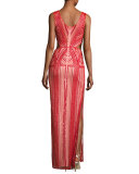 Sleeveless Patterned Beaded Column Gown, Ruby