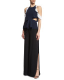 Silk Ruffle-Trim Halter Top, Navy