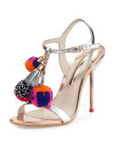 Layla Pom-Pom Metallic Leather Sandal, Silver/Gold