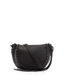 Pebbled Leather Studded Saddle Bag, Black