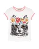Short-Sleeve Cotton Jersey Cat Tee, White, Size 4-12