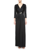 Crystal-Embellished 3/4-Sleeve Satin Gown, Black