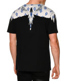 Feather-Print Short-Sleeve Tee, Black Multi