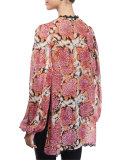 Kiku Floral-Print Long-Sleeve Caftan, Off White