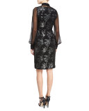 Sleeveless Floral Metallic Sheath Dress, Black