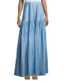 High-Waist Tiered Maxi Skirt, Light Blue