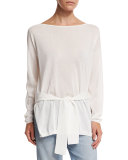 Elise Long-Sleeve Semisheer Cropped-Back Top, Ivory