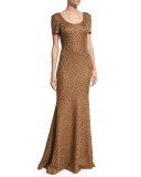 Panthera Sequined Short-Sleeve Mermaid Gown, Bronze