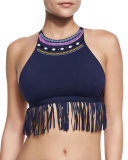 Fressia Embellished Fringe-Trim High-Neck Swim Top