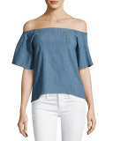 Christy Off-the-Shoulder Chambray Shirt, Blue