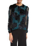 Tie-Neck Cut-Velvet Blouse, Teal