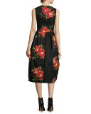 Floral Sleeveless Knot-Skirt Dress, Black/Red