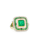 Estate Edwardian Three-Row Emerald & Diamond Dinner Ring, Size 6.25
