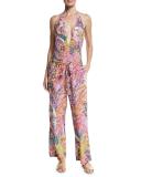 Floral Paisley Silk Coverup Pants, Red Multi