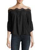 Priscilla Scalloped Lace Off-the-Shoulder Top, Black