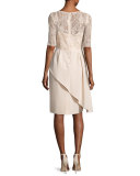 Floral Embellished 3/4-Sleeve Peplum Cocktail Dress, Taupe
