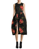 Floral Sleeveless Knot-Skirt Dress, Black/Red