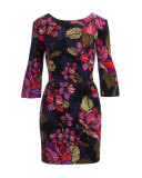 3/4-Sleeve Floral Cocktail Dress, Multicolor