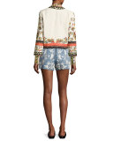 Marisa Embroidered Denim Shorts, Indigo/White