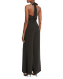 Belted Crepe Halter Jumpsuit, Black