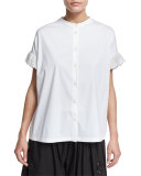 Oversized Mandarin-Collar Blouse, White