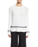 Long-Sleeve Ribbed Wool-Blend Sweater, White/Black