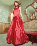 Sleeveless Pleated Satin Ball Gown, Red