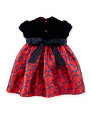 Cap-Sleeve Velvet & Mikado Dress, Navy/Ruby, Size 12-24 Months