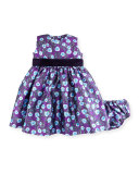 Sleeveless Petite Roses Mikado Dress w/ Bloomers, Ultraviolet, Size 12-24 Months