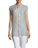 Sleeveless Button-Front Mesh Shirt, Silver