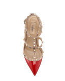 Rockstud Two-Tone Patent Sandal, Red 