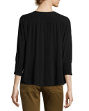 Leo Smocked V-Neck Top, Noir