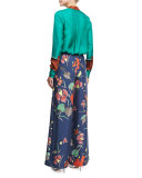 Floral-Print Wide-Leg Silk Toile Pants, Blue Multicolor
