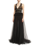 Sleeveless V-Neck Tulle Peplum Gown, Noir